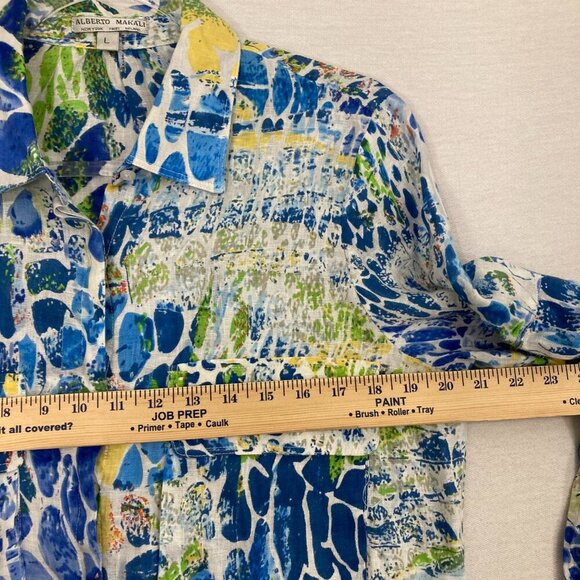 Alberto Makali Blue Green Abstract Artsy 100% Linen Button Down Large Resort - Picture 7 of 10